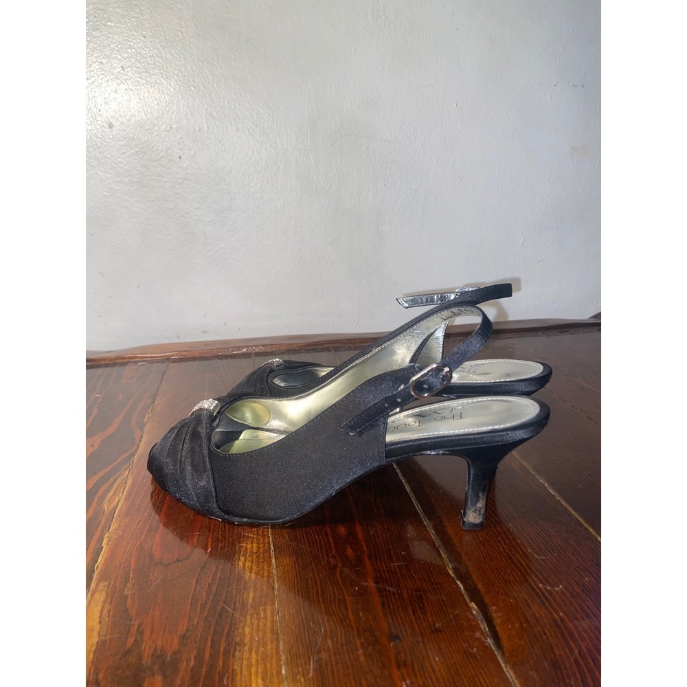 Touch of Nina Y2K Formal Black Satin Rhinestone Peep Toe Slingback Kitten Heels